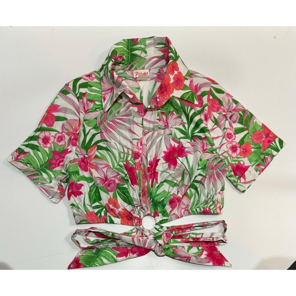Petalo Y2K Tropical Tie Around Waist Cropped Button Shirt Womens L Pink Green
